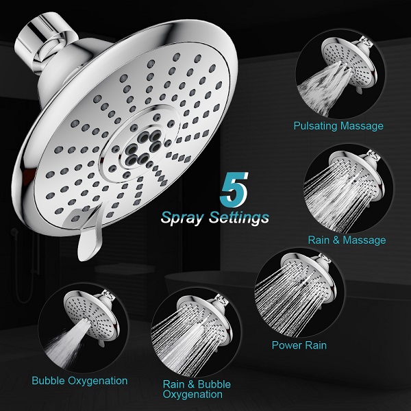High Pressure Shower Head, JDO 5 Inch Fixed Rain Showerhead, 5 Spray Settings Rainfall Bath Shower with Angles Adjustable Swivel Ball Joint (Chrome)