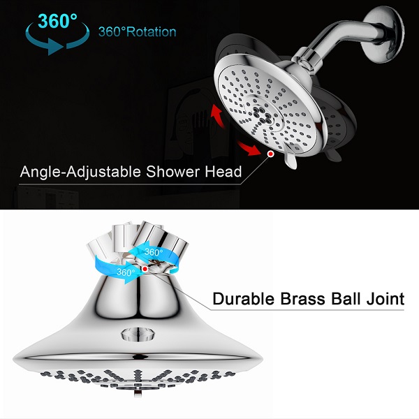 High Pressure Shower Head, JDO 5 Inch Fixed Rain Showerhead, 5 Spray Settings Rainfall Bath Shower with Angles Adjustable Swivel Ball Joint (Chrome)