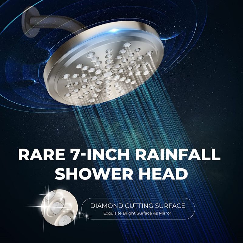JDO Shower Head High Pressure 7 Inch Rainfall Fixed Showerheads Adjustable Bathroom High Flow Showerhead Premium Brushed Nickel Shower Head Replacement Tool-free 1-Min Installation For Luxury Shower